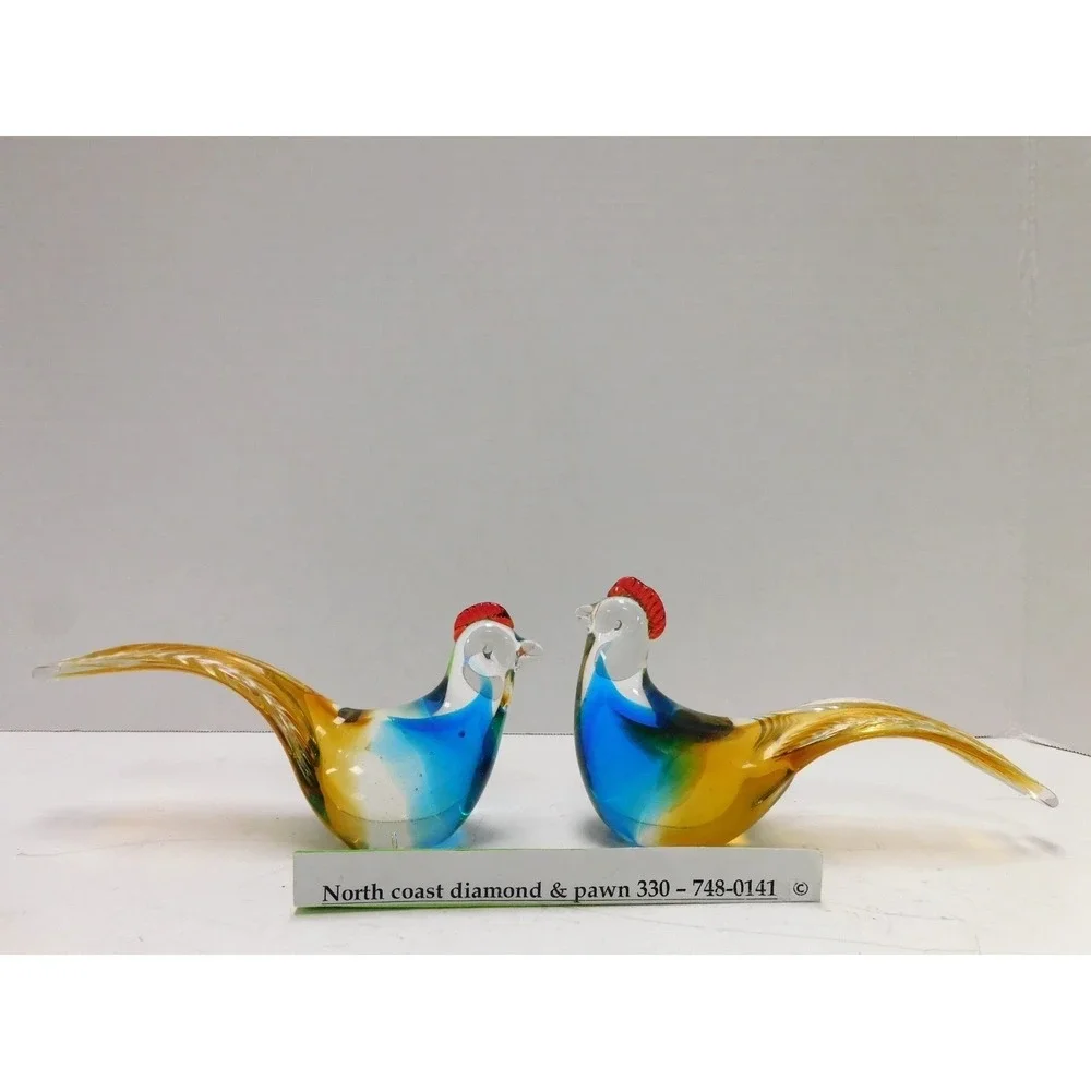 Vintage Art Glass Rooster Figurines Pair Blue Amber Green Hand Blown Birds DW740